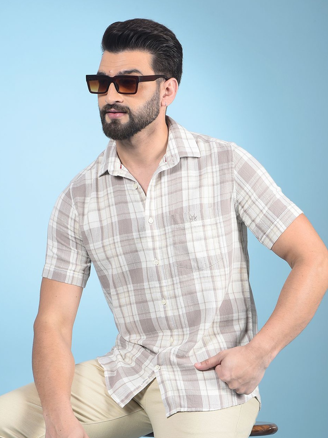 

Crimsoune Club Men Classic Slim Fit Tartan Checks Opaque Checked Casual Shirt, Khaki