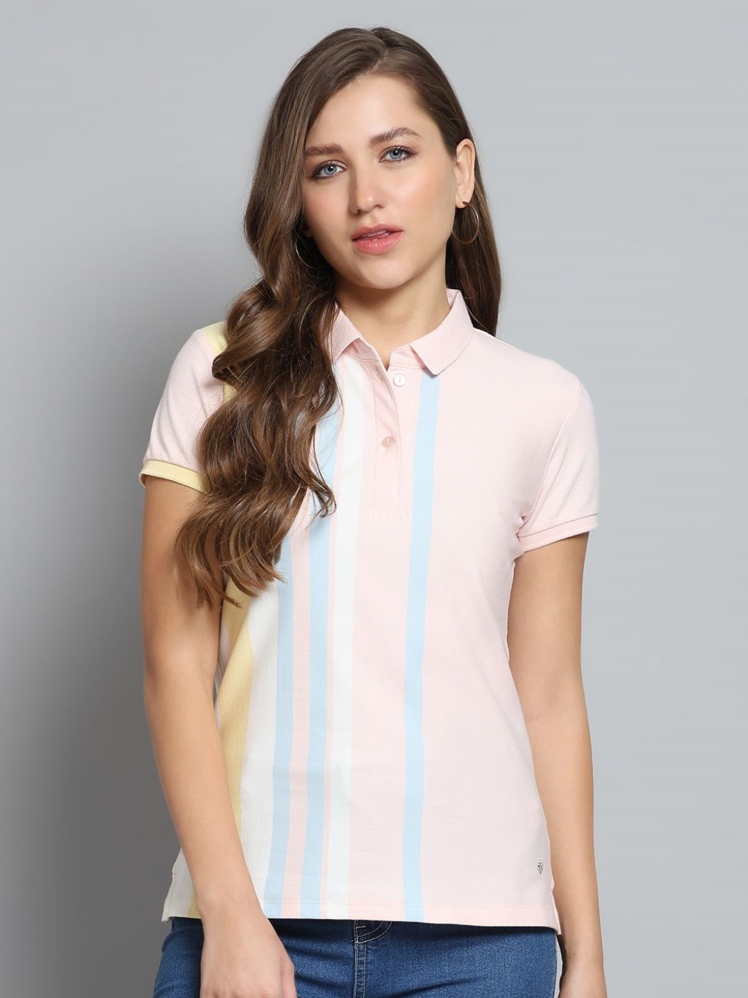 

Monte Carlo Women Striped Polo Collar Pockets T-shirt, Peach