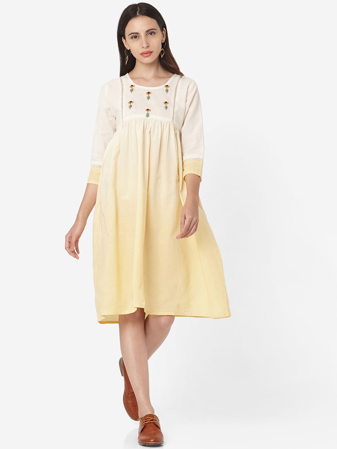 

KALINI Ombre Round Neck Thread Work Empire Dress, White