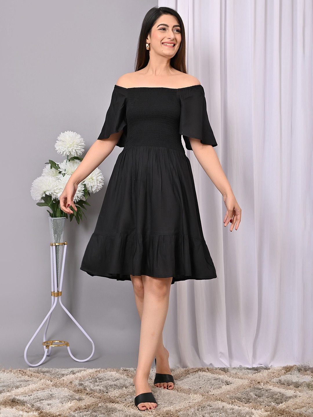 

VYMO Flared Sleeve Fit & Flare Dress, Black