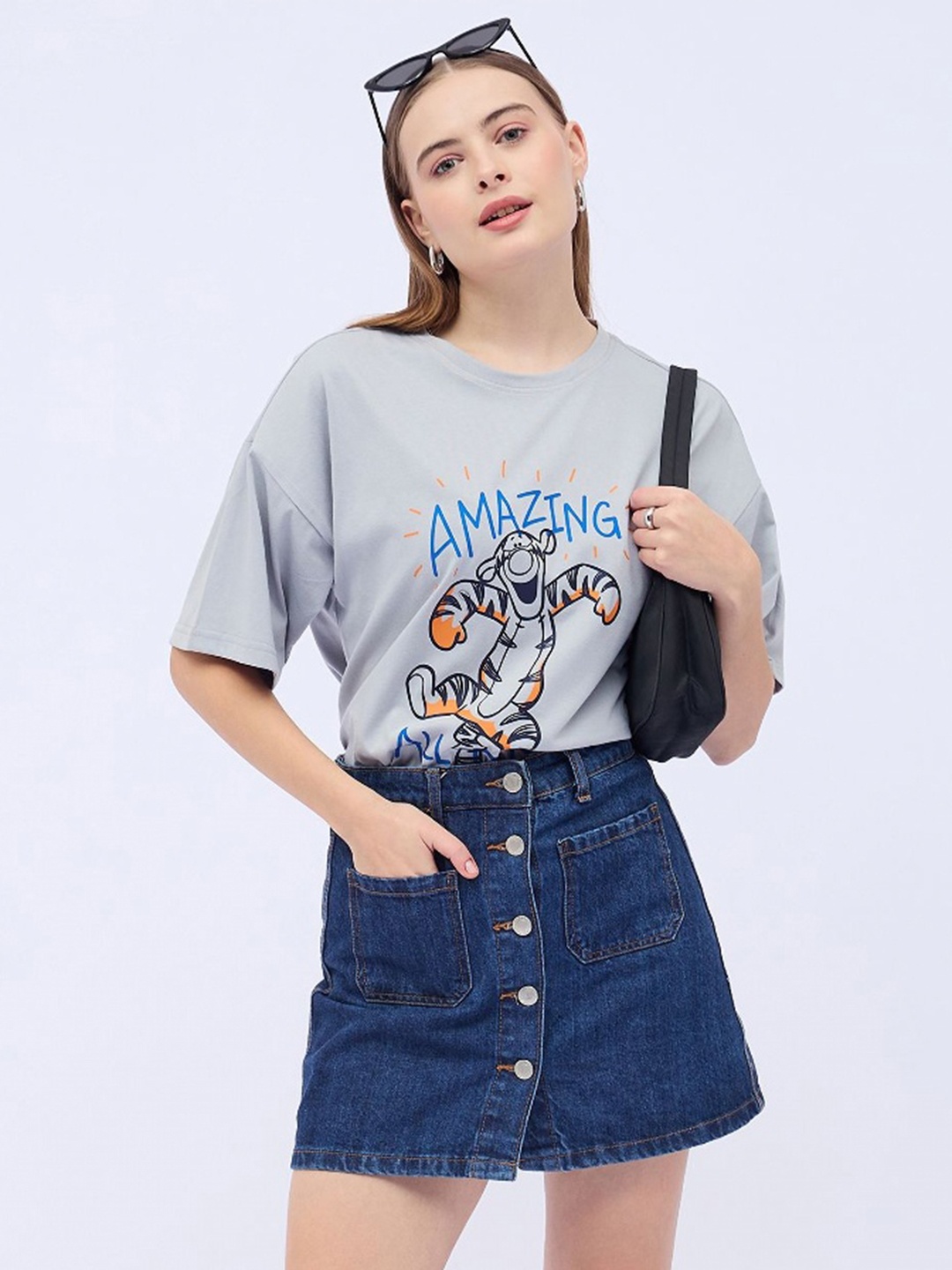 

DressBerry Women Printed Drop-Shoulder Sleeves T-shirt, Grey
