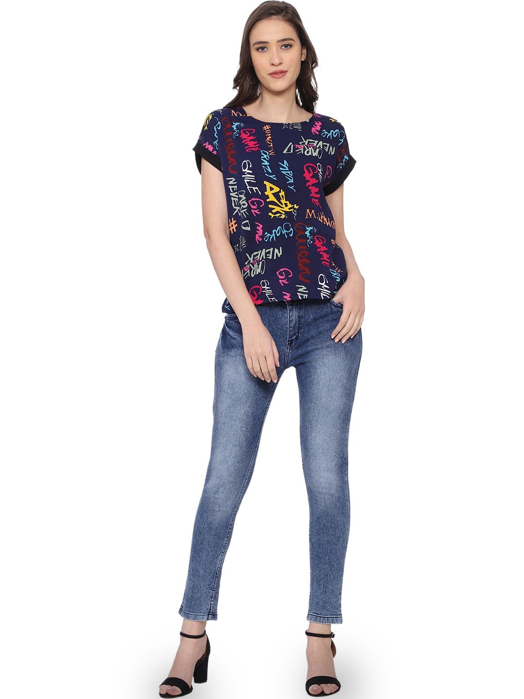 

ROARERS Floral Roll-Up Sleeves Crepe Top, Blue