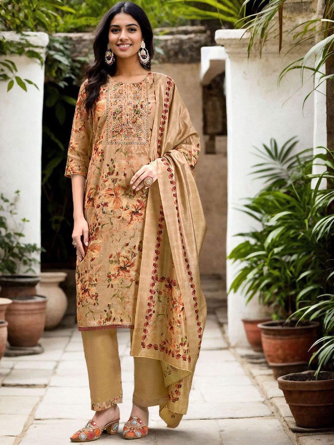 

Anouk Women Floral Embroidered Regular Thread Work Chanderi Silk Kurta with Trousers & With Dupatta, Beige