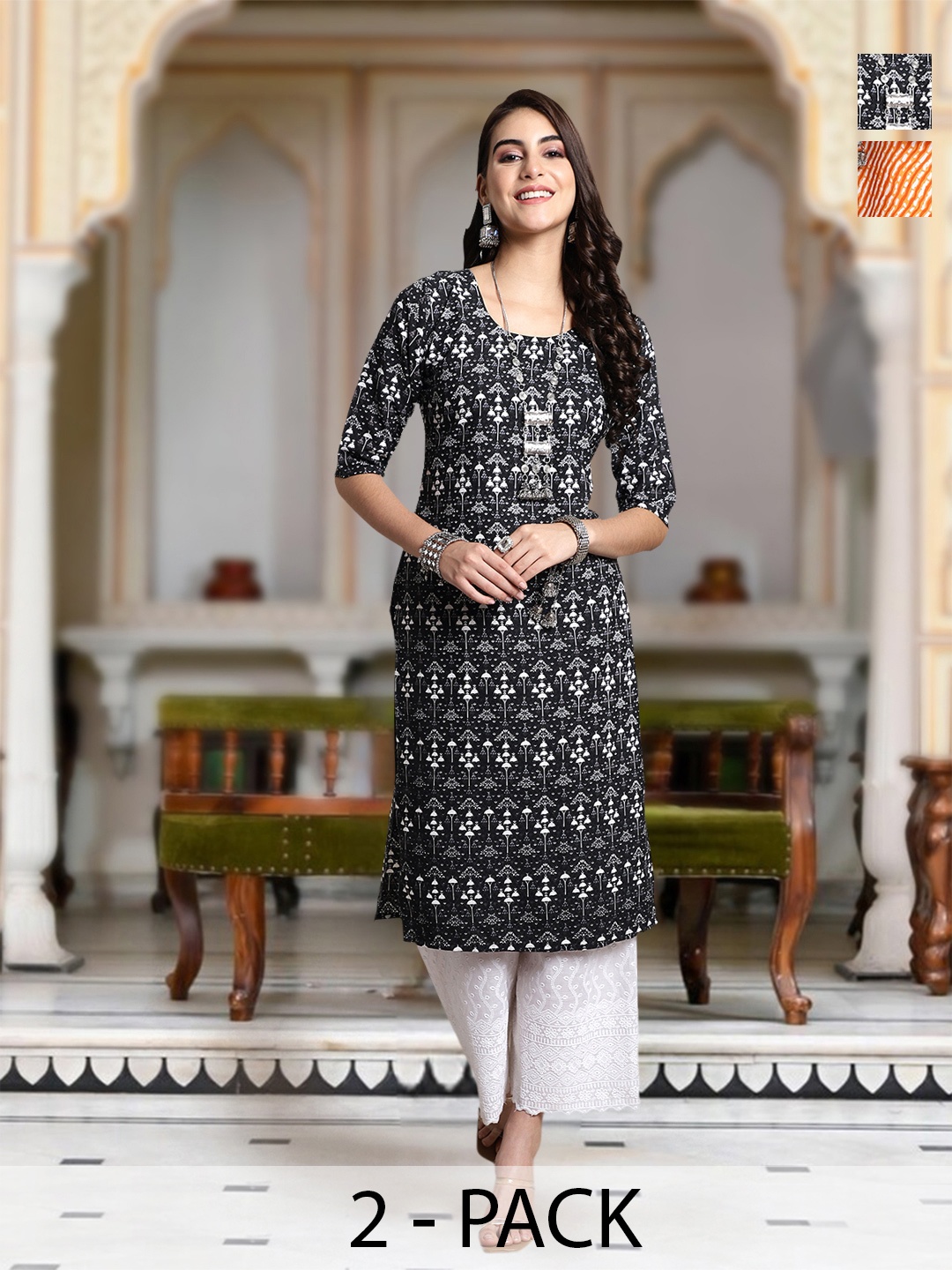 

Moda Rapido Selection Of 2 Geometric Printed Round Neck Straight Kurtas, Black