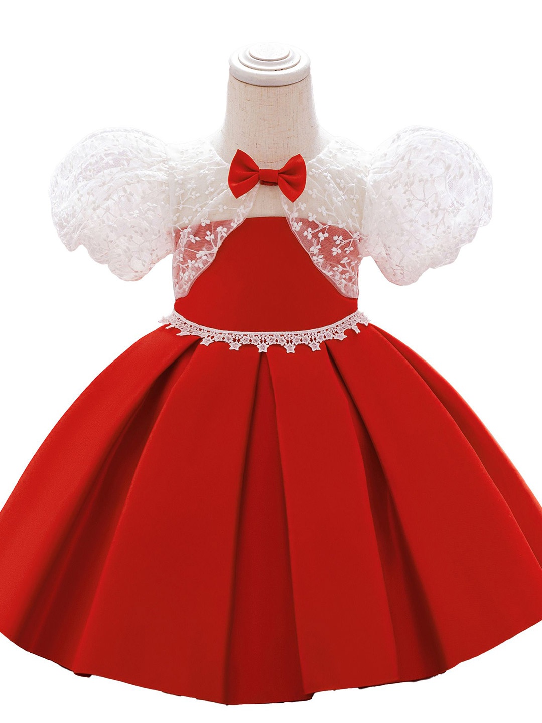

StyleCast x Revolte Colourblocked Puff Sleeve Ruffled A-Line Dress, Red