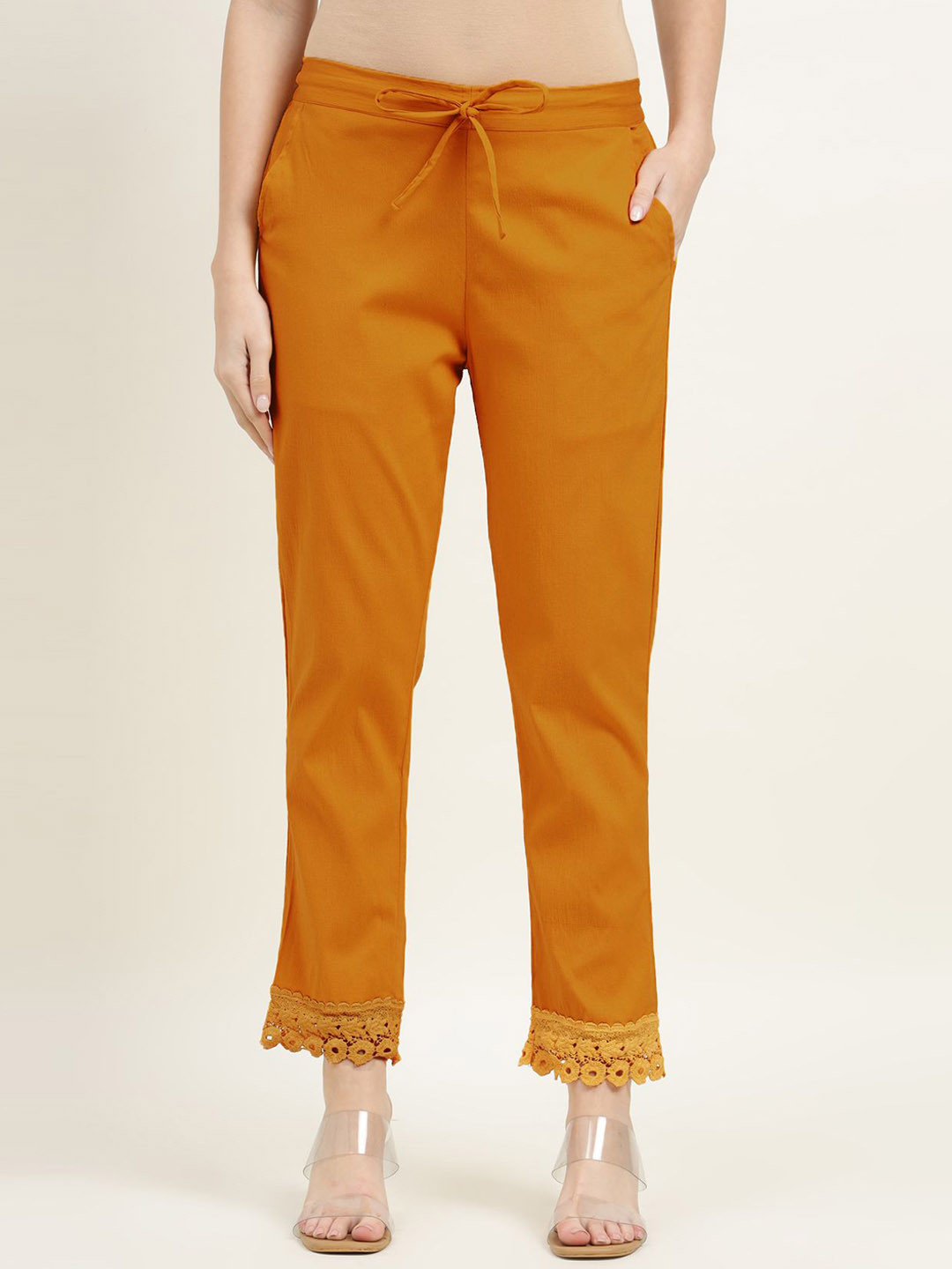 

ZARI Women Zari Jaipur Cotton Viscose Pant attached with Lace, Mustard