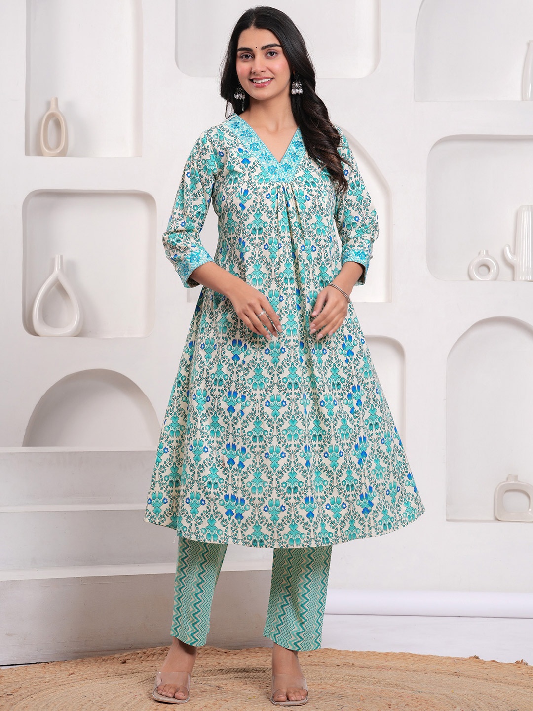 

KALINI Women Floral Regular Pure Cotton Kurta with Trousers & With Dupatta, Blue