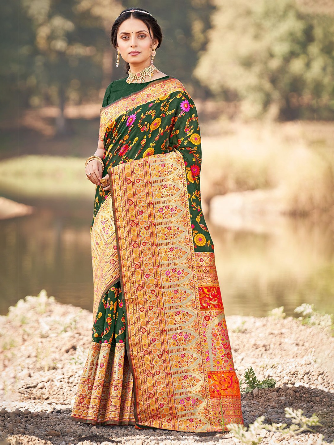 

FASHION STROM Woven Design Zari Silk Blend Banarasi Saree, Green