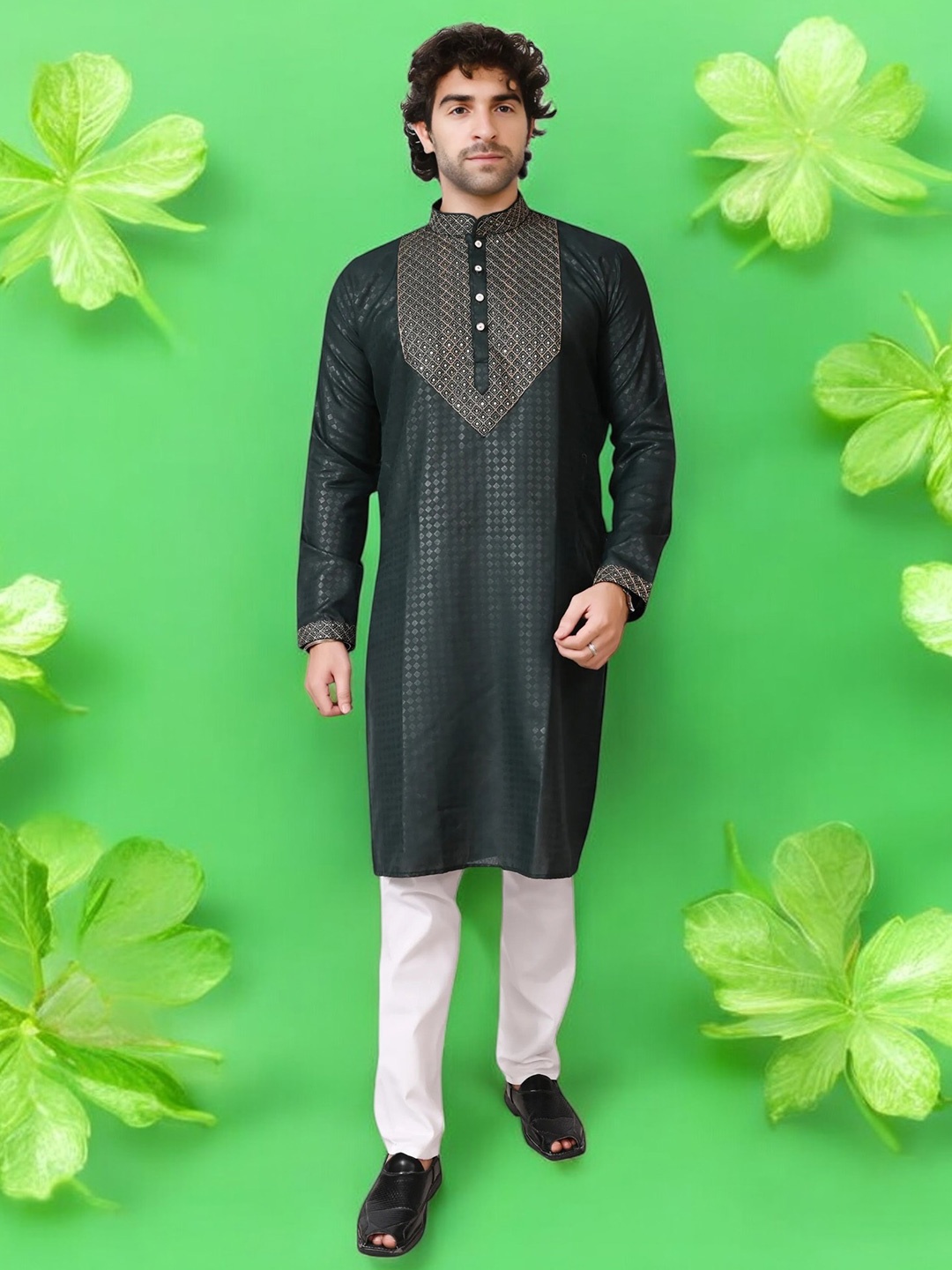 

Atly Men Embroidered Empire Mirror Work Kurta with Trousers, Green
