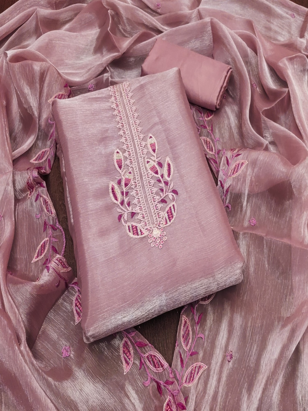 

KALINI Floral Embroidered Unstitched Dress Material, Pink
