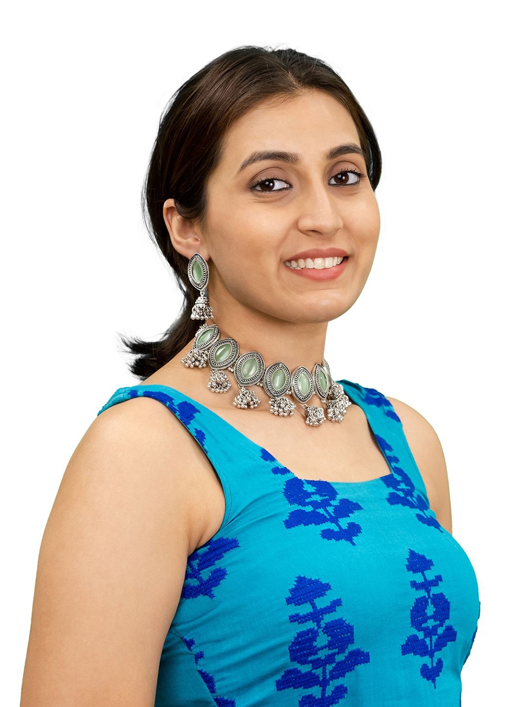 

Shining Jewel - By Shivansh Silver Plated Artificial Stones Studded & Beaded Jewellery Set, Lime green