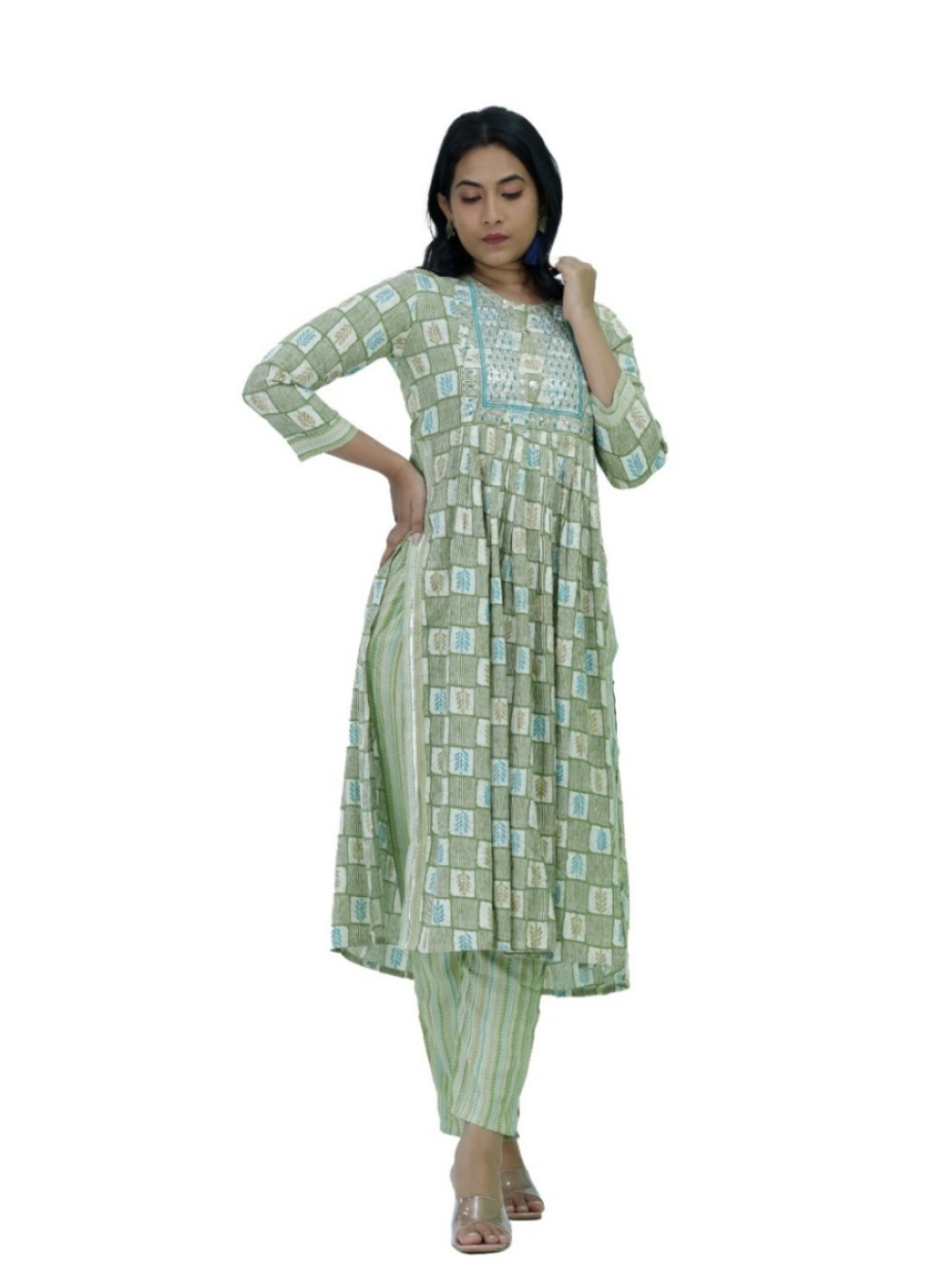 

Silselah Women Yoke Design Pleated Silk Chiffon Kurti with Trousers, Olive