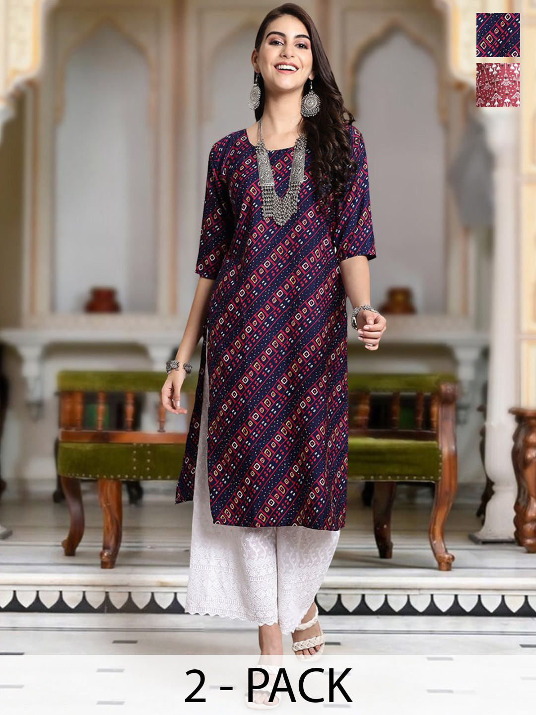 

Moda Rapido Selection Of 2 Bandhani Printed Round Neck Straight Kurta, Navy blue