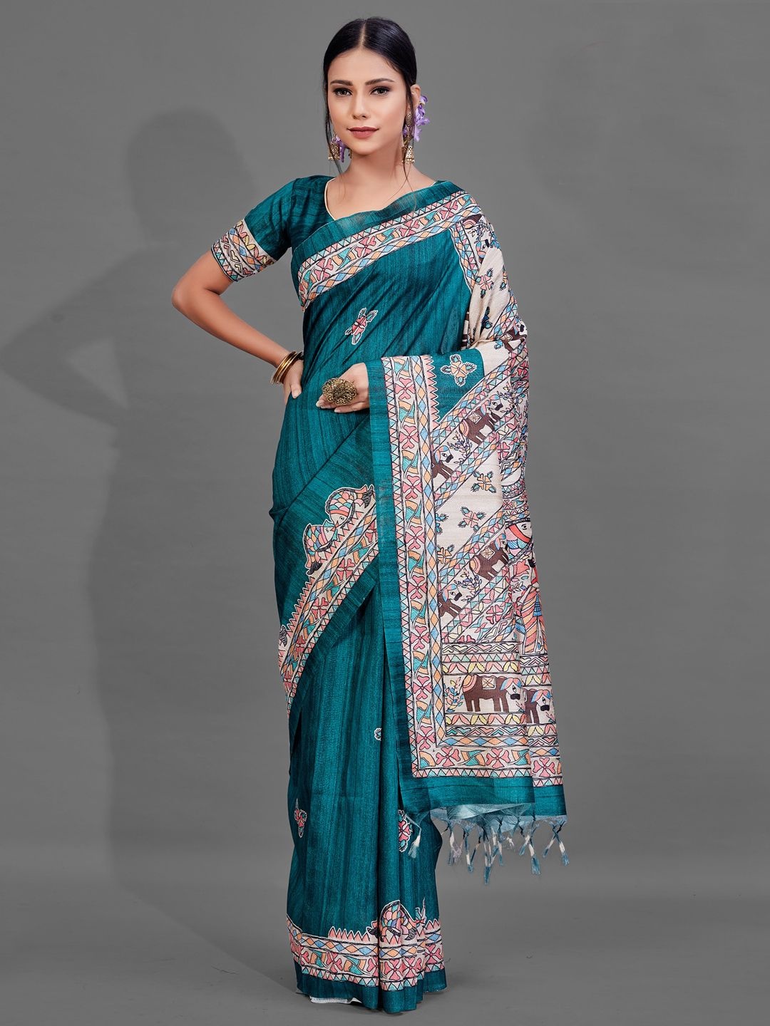 

Mitera Kalamkari Silk Blend Baluchari Saree, Teal