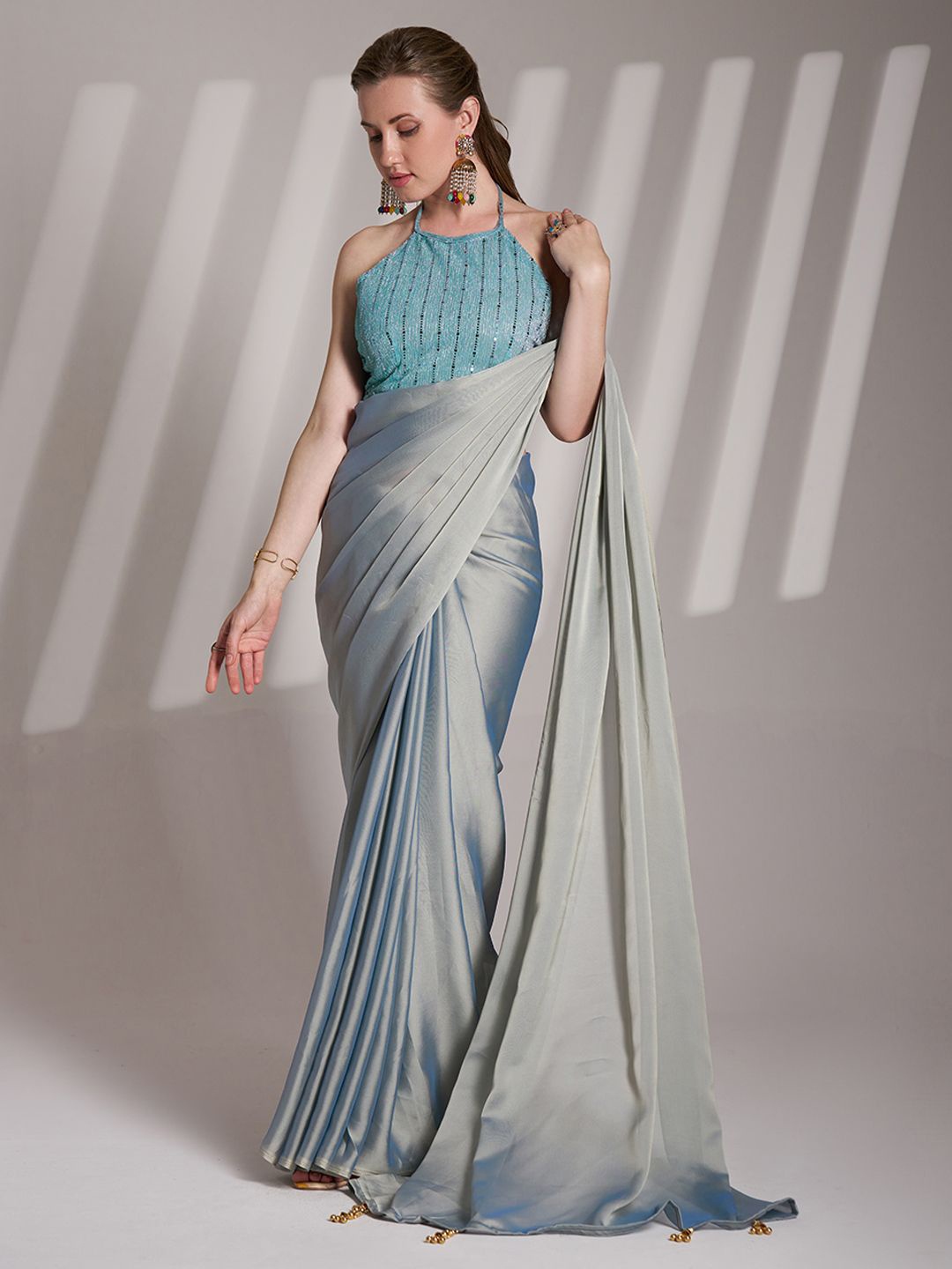 

Mitera Pure Chiffon Ready to Wear Saree, Turquoise blue