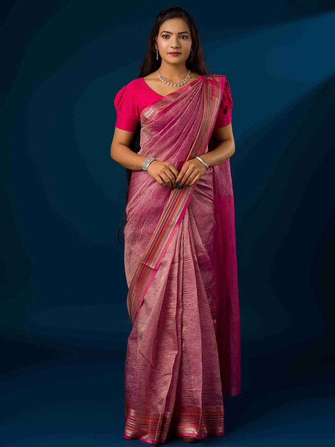 

KCPC BANDHANI Woven Design Zari Tissue Banarasi Saree, Pink