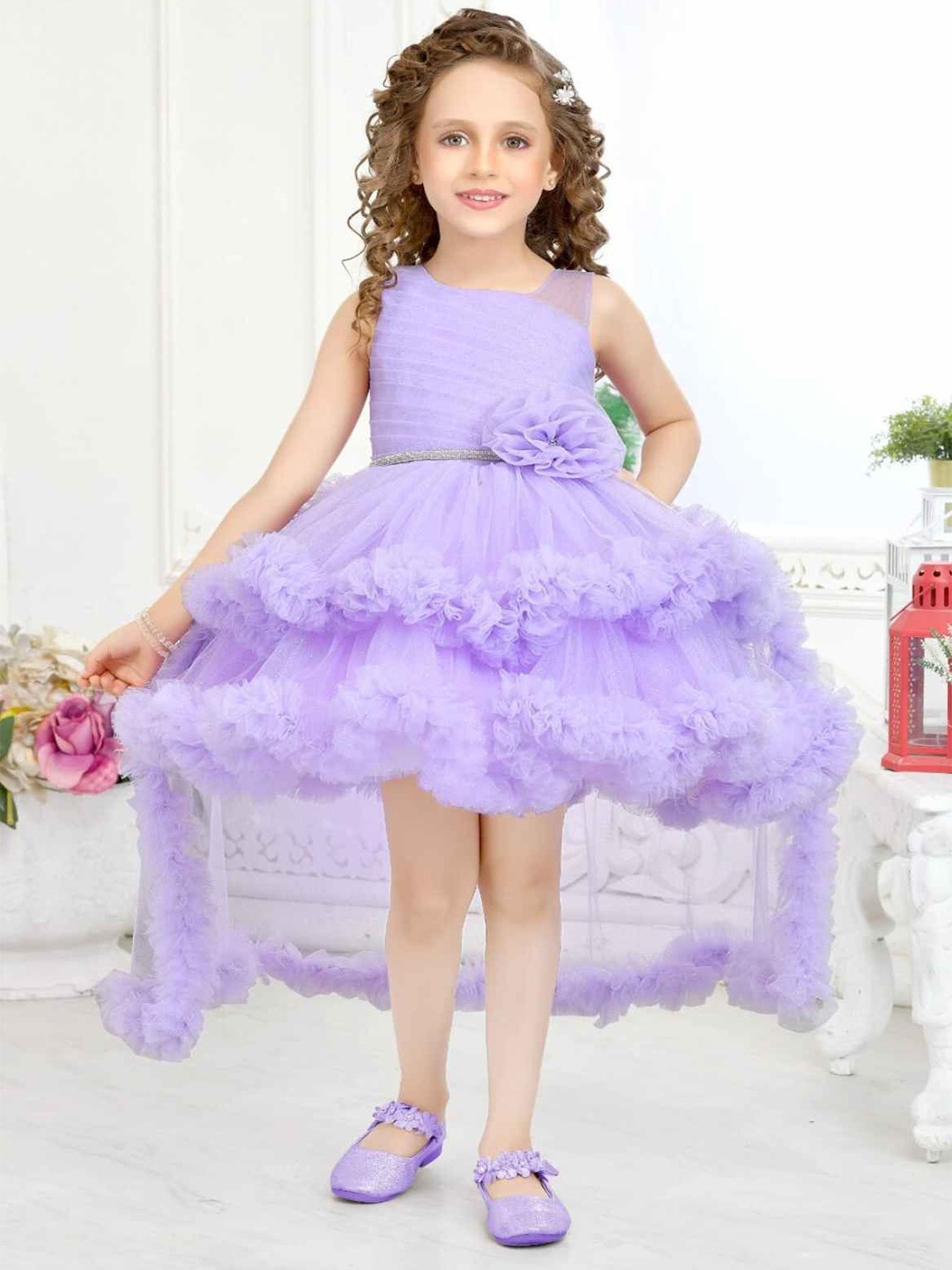 

Lagorii Girls Multilayered Frock With Floral Embellished, Purple