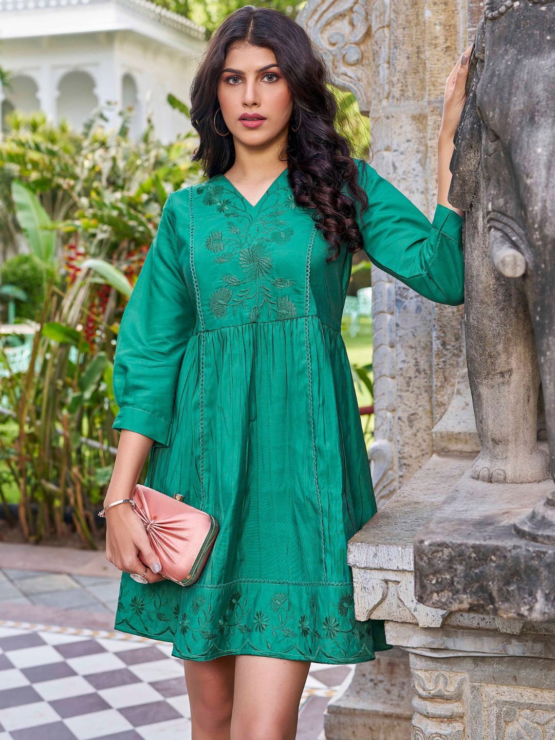 

Puretouch Floral Embroidered Fit & Flare Dress, Green