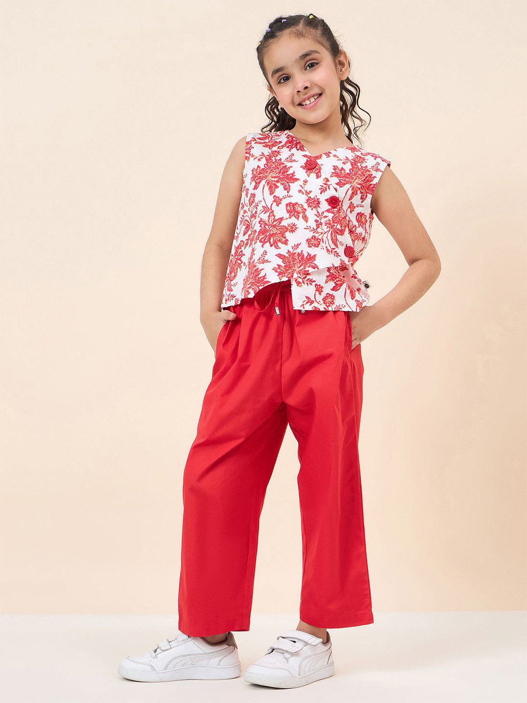 

StyloBug Girls Printed V-Neck Top With Trouser, Red