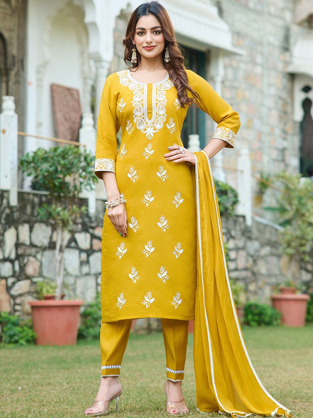 

Moda Rapido Women Floral Embroidered Regular Kurta with Trousers & With Dupatta, Mustard