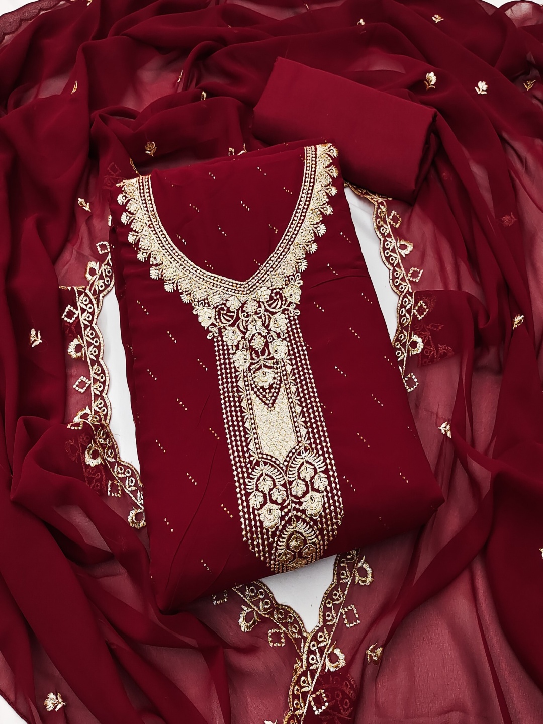 

KALINI Floral Embroidered Thread Work Unstitched Dress Material, Maroon