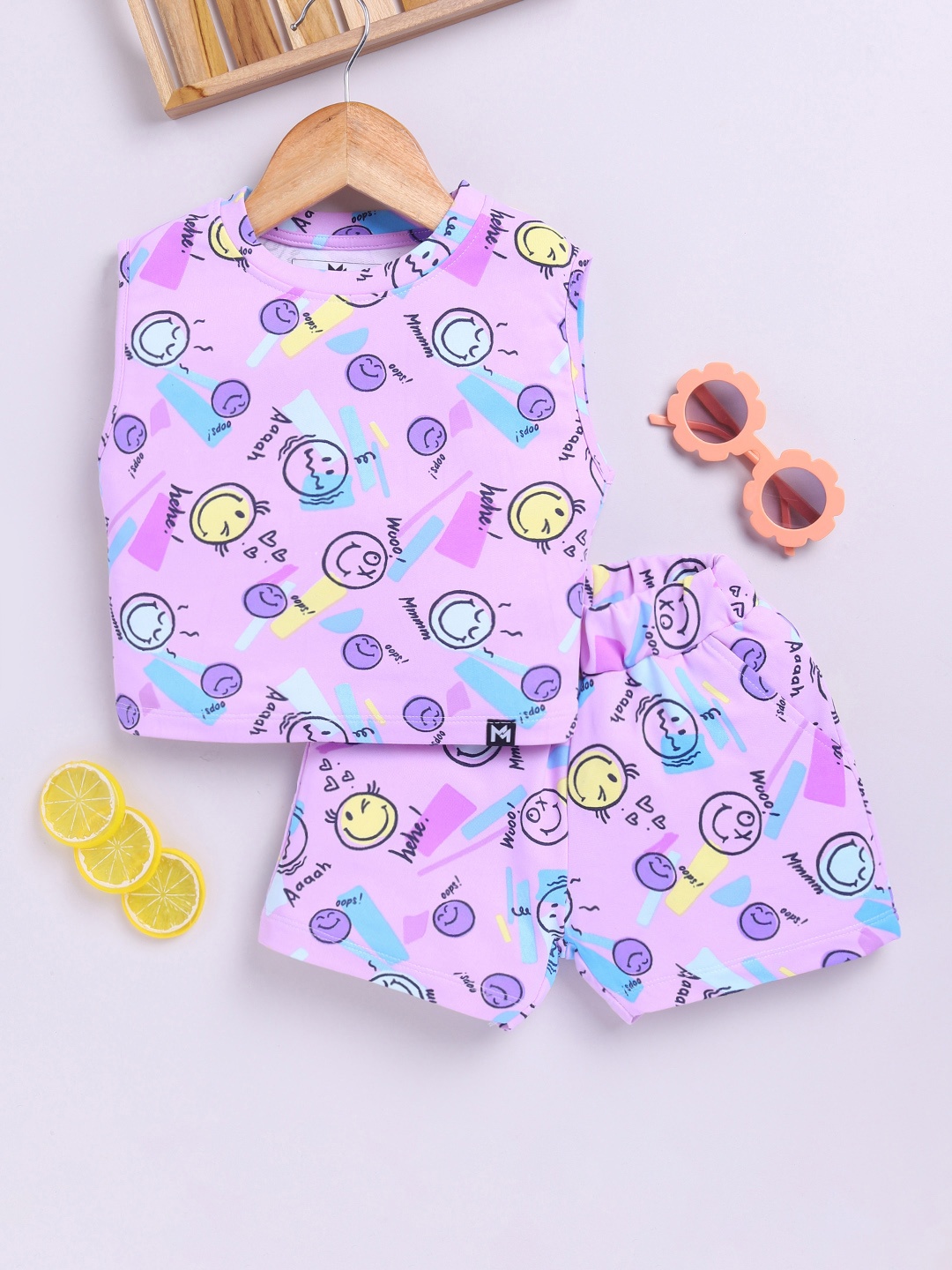 

YK X Minute Mirth Girls Graphic Printed Sleeveless Top with Shorts, Lavender