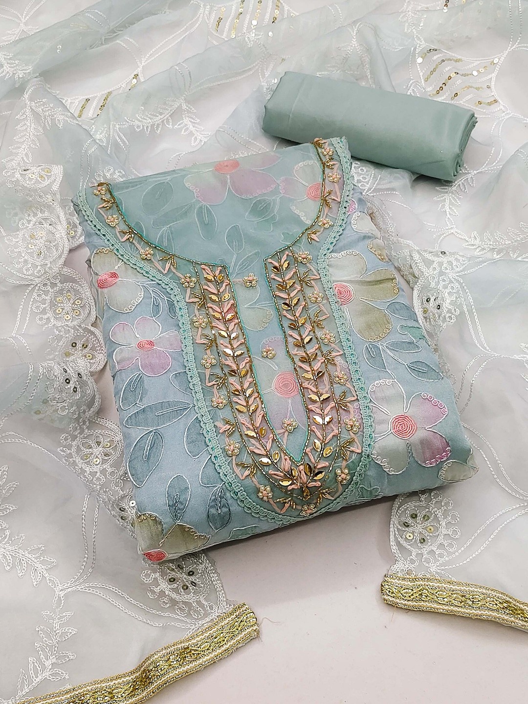 

Panzora Embroidered Beads And Stones Organza Unstitched Dress Material, Blue