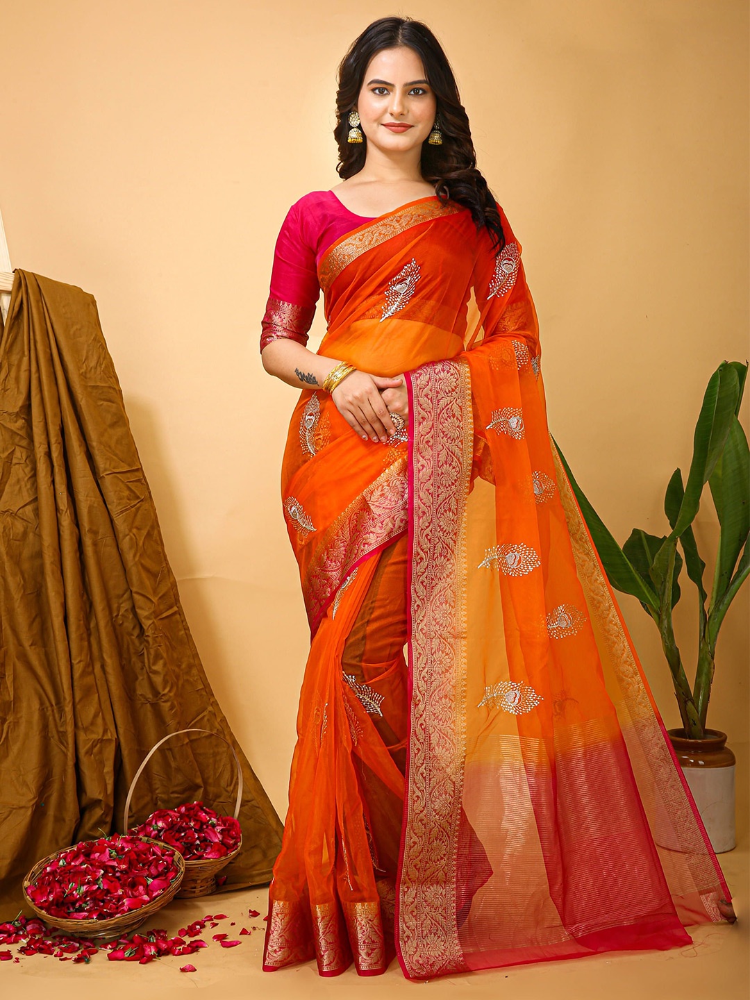 

HI FI NX Ethnic Motifs Zari Tissue Saree, Orange