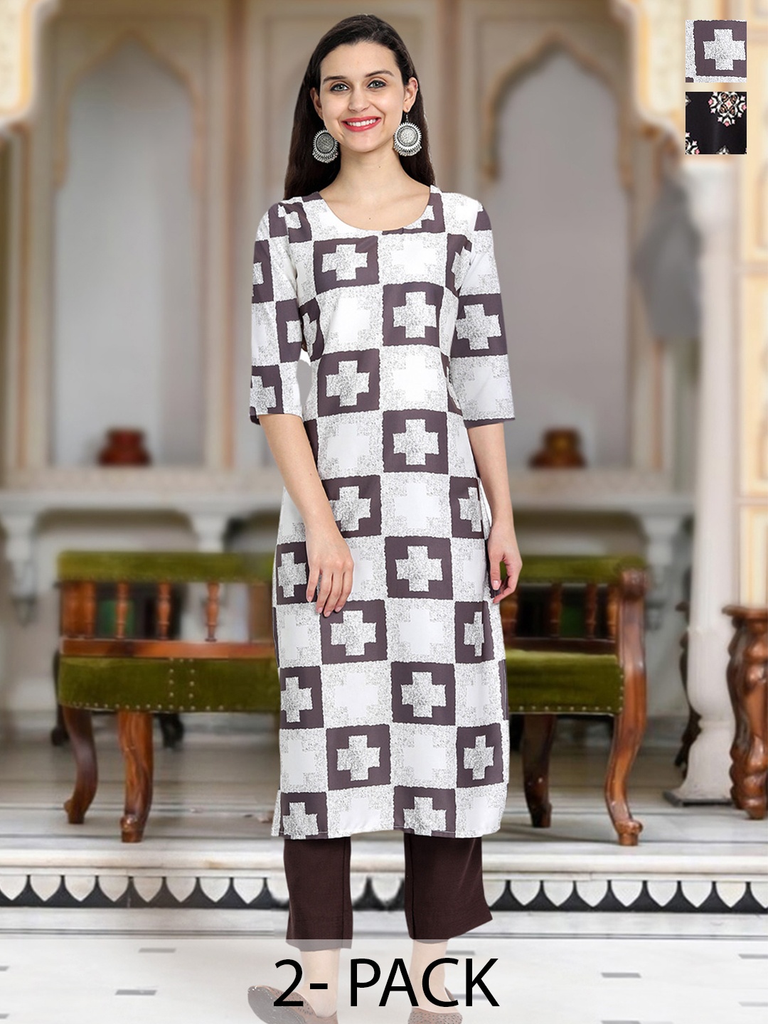 

Moda Rapido Selection Of 2 Geometric Printed Round Neck Straight Kurtas, White