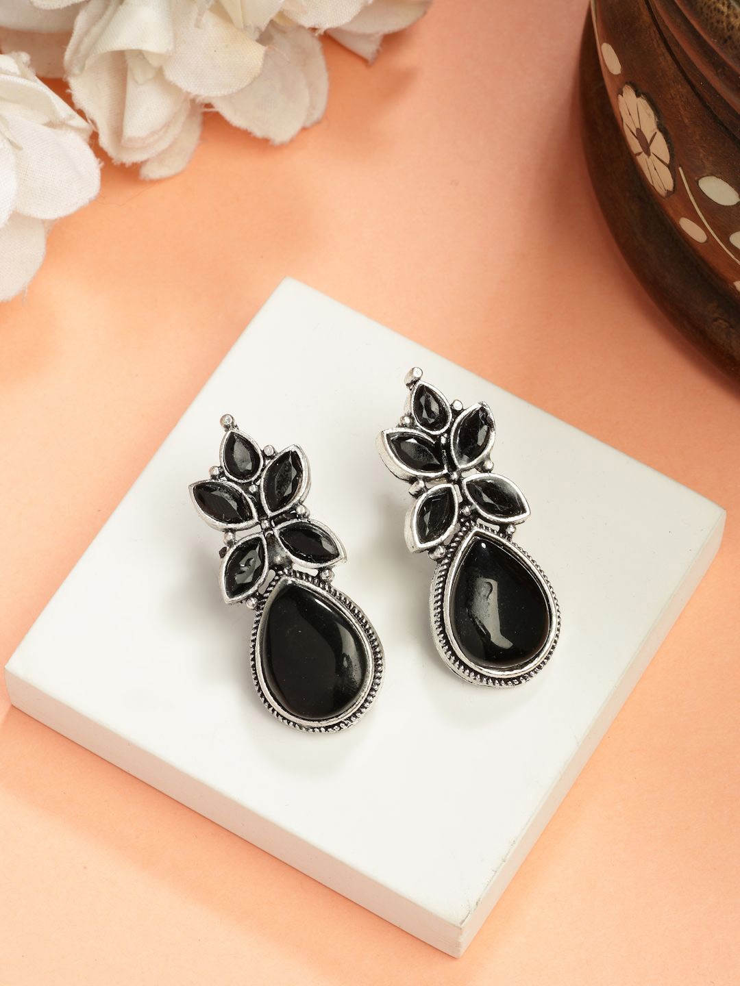 

NVR Women German Silver Artificial Stones Silver Plated Drop Earrings, Black