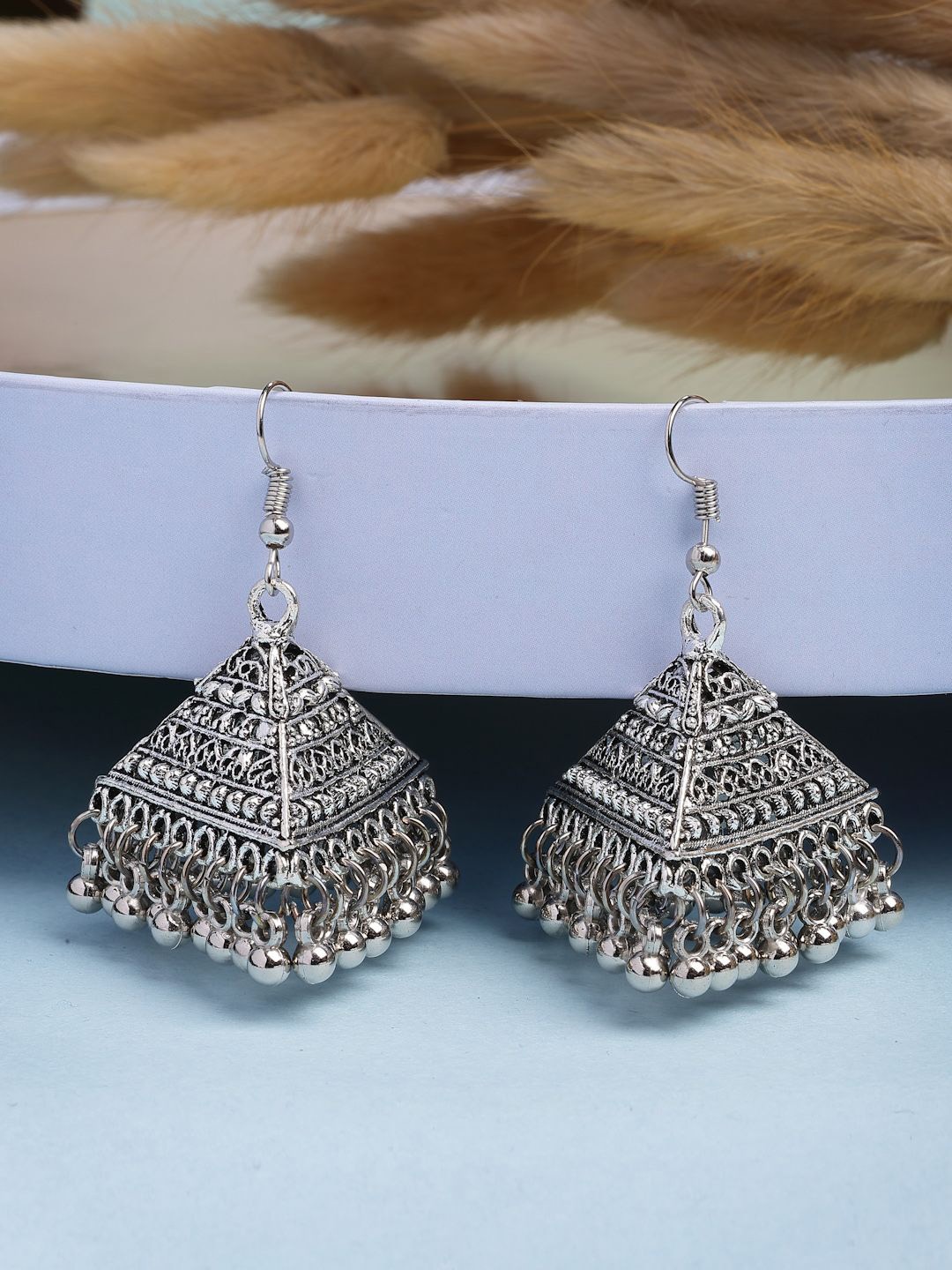 

NVR Women Triangular Shaped Hook Silver Plating Oxidised Jhumka Earrings