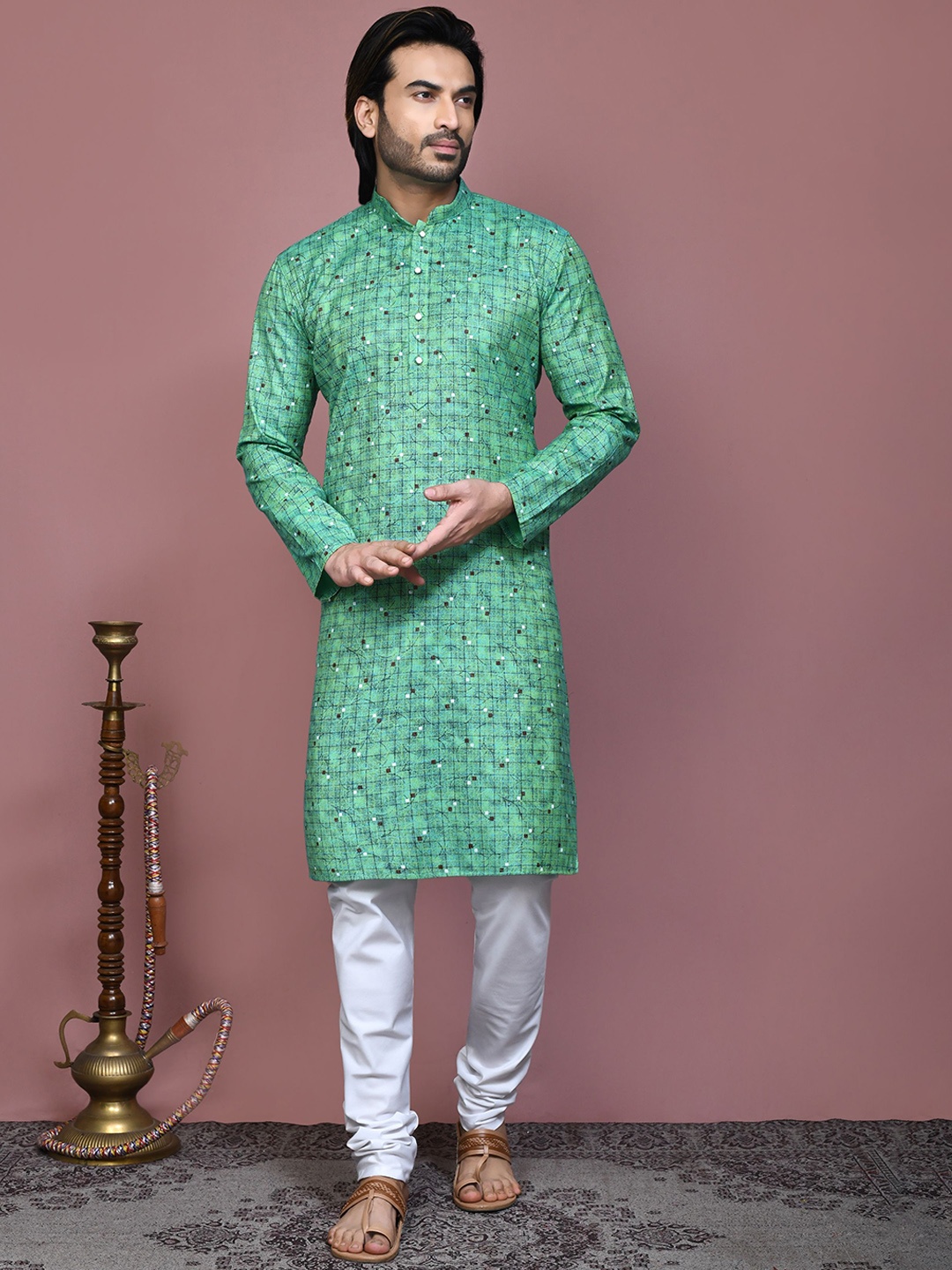 

RANAK Men Printed Regular Pure Cotton Kurta with Pyjamas, Green