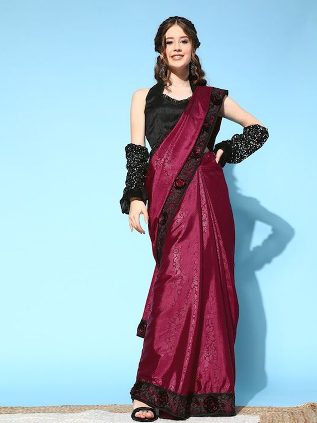 

KAVINDI Floral Pure Silk Saree, Purple
