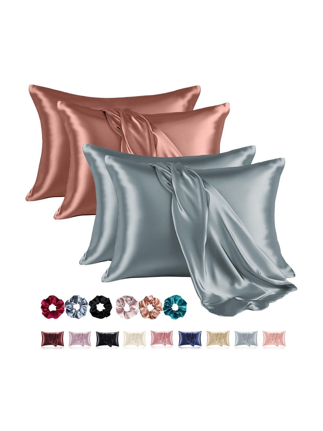 

Aura Grey & Copper-Toned 4 Pieces Solid Pure Silk Rectangle Pillow Covers