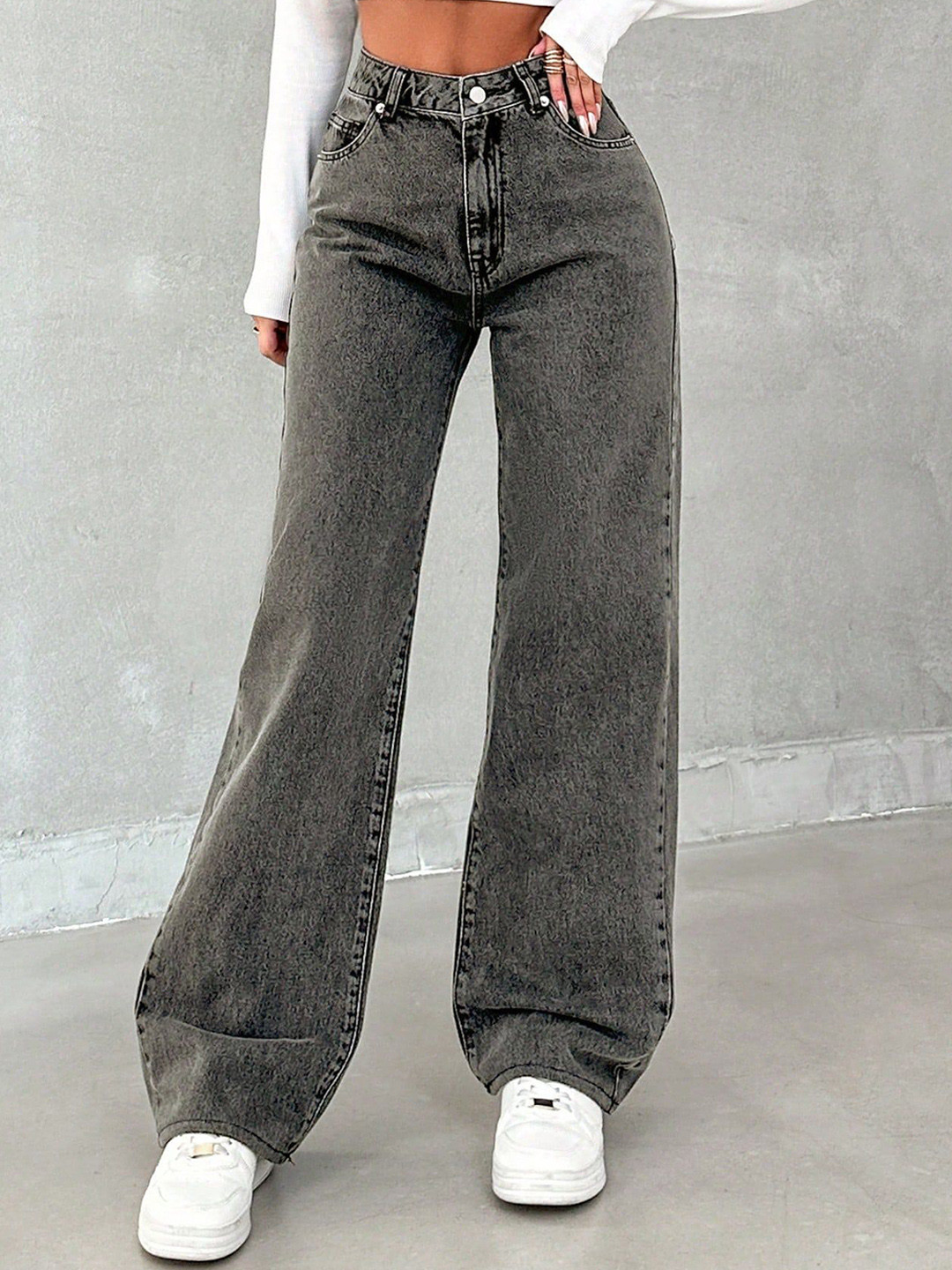 

DressBerry Women Comfort Straight Fit High-Rise Light Fade Acid Wash Stretchable Jeans, Grey