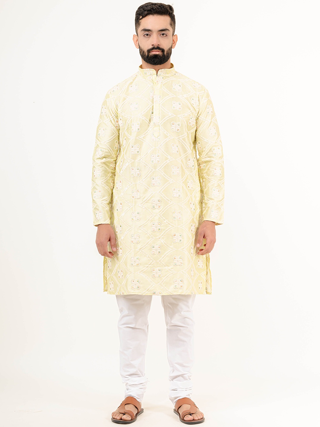 

Tistabene Ethnic Motifa Embroidered Mandarian Collar Pure Cotton Straight Kurta, Beige