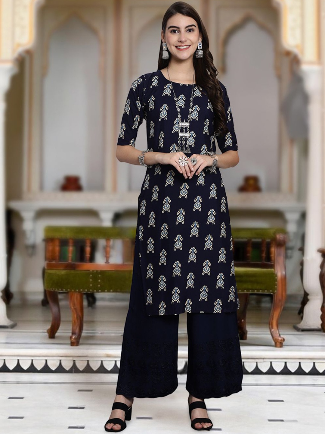 

Moda Rapido Floral Printed Round Neck Straight Kurta, Blue