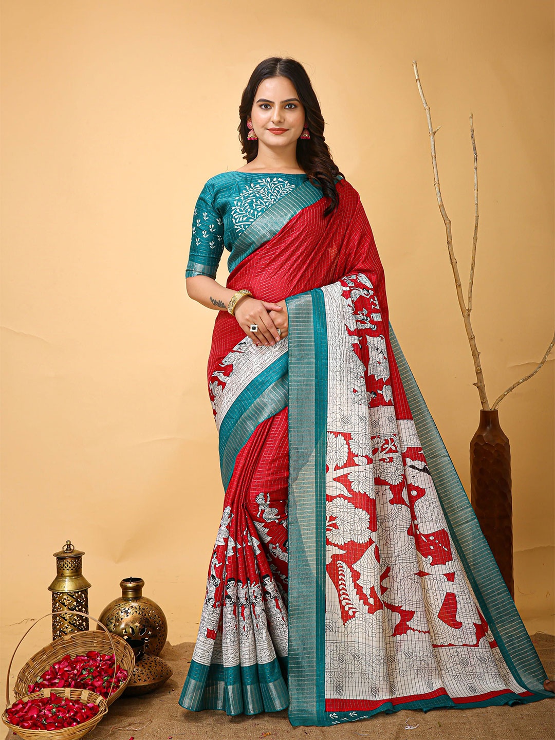 

HI FI NX Floral Zari Pure Cotton Kanjeevaram Saree, Red