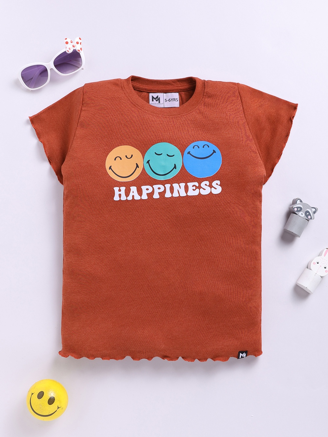 

YK X Minute Mirth Girls Printed Cotton Top, Rust