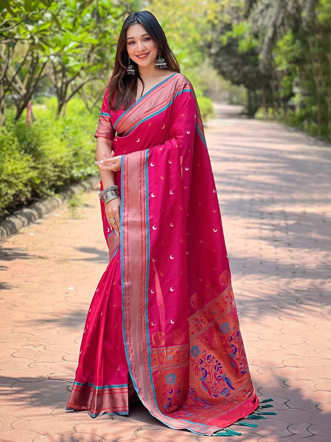 

all about you Woven Design Zari Silk Blend Paithani Saree, Pink