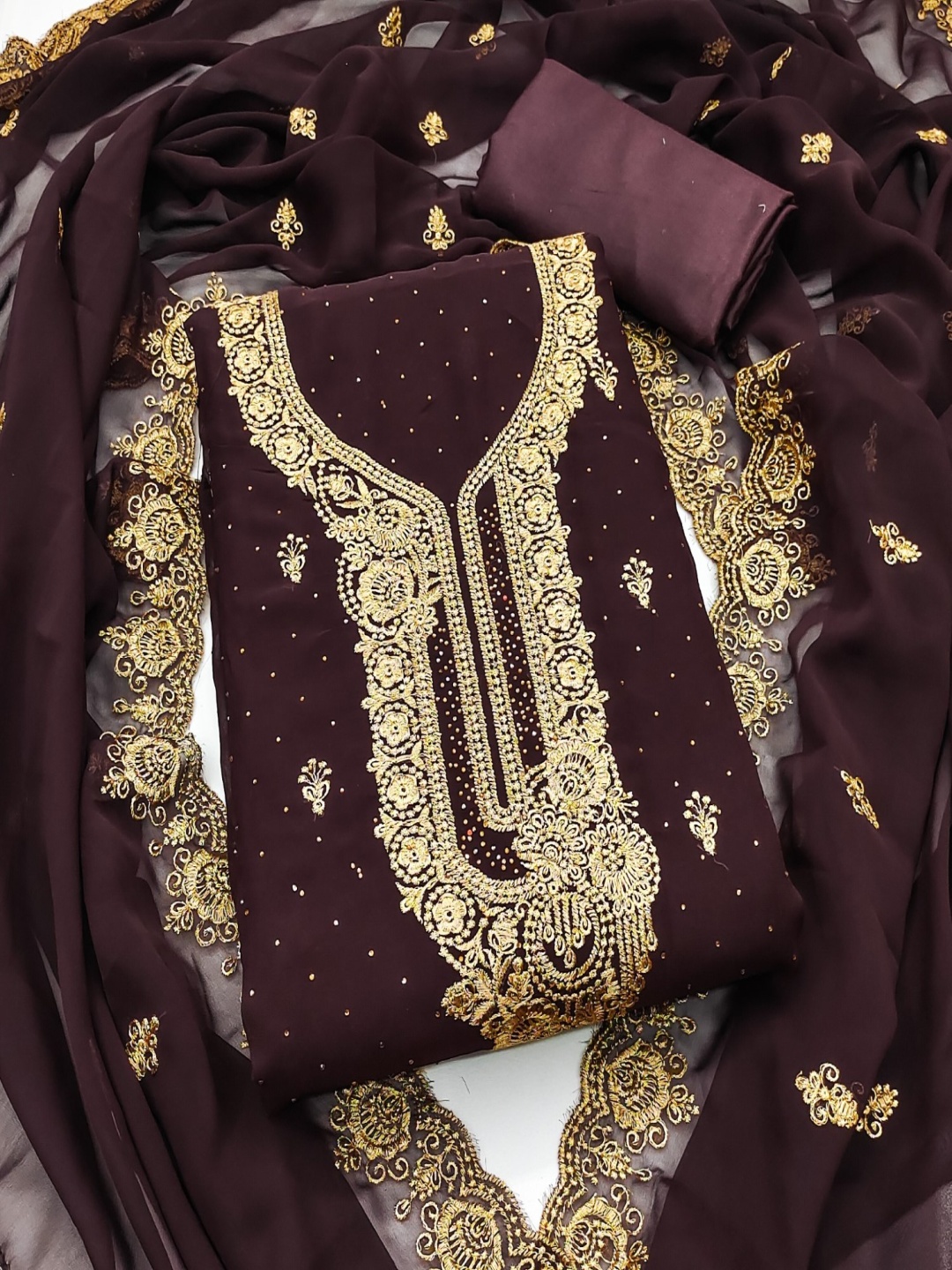 

Panzora Embroidered Zari Georgette Unstitched Dress Material, Brown