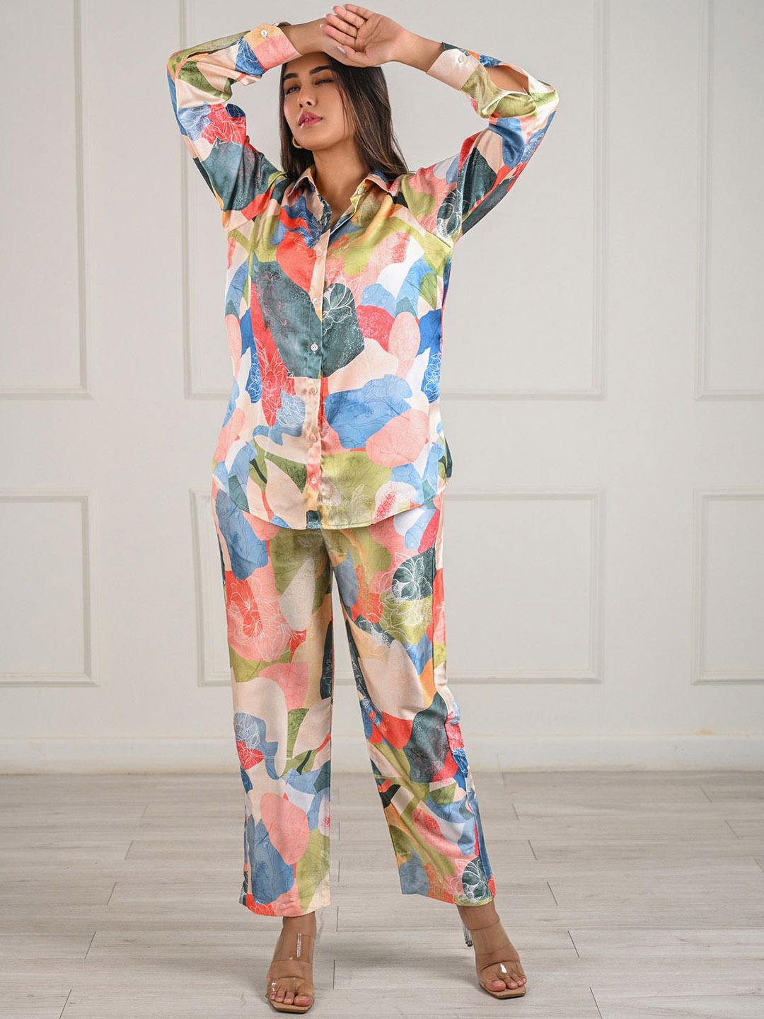 

aaRVee STUDIO Printed Long Sleeves Shirt With Trouser, Beige