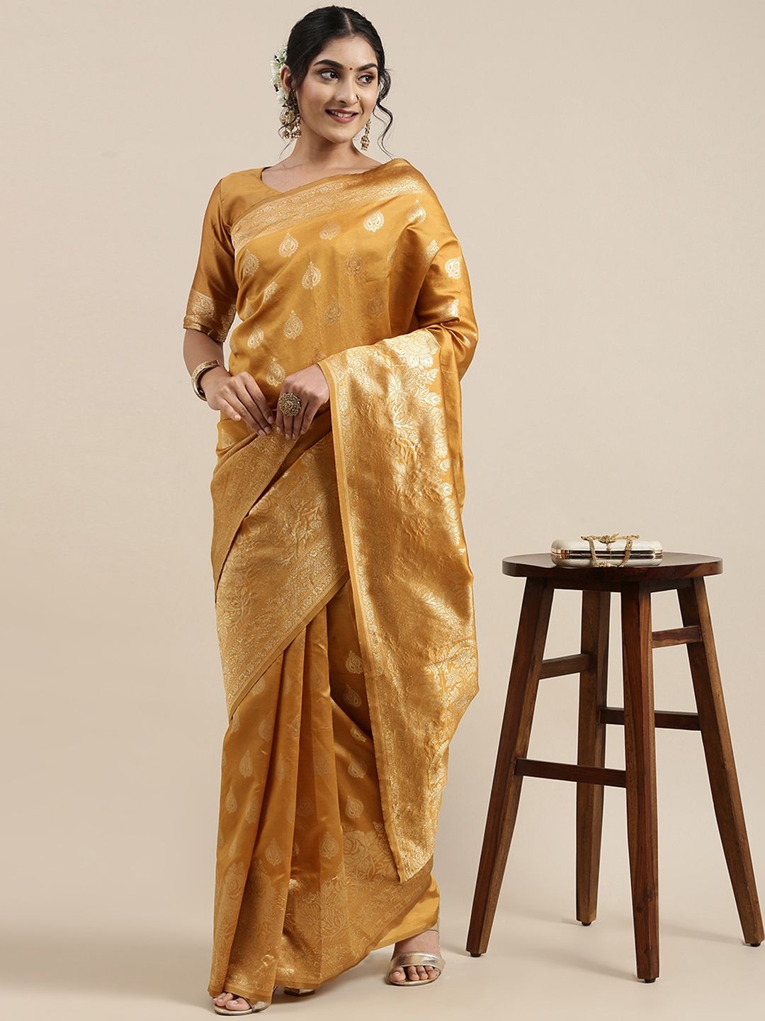 

Mitera Ethnic Motifs Zari Silk Blend Banarasi Saree, Mustard