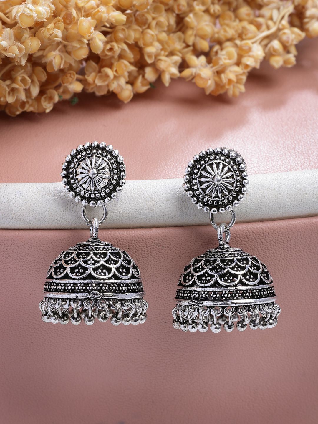 

NVR Silver-Plated Dome Shape Oxidised Traditional Jhumkas