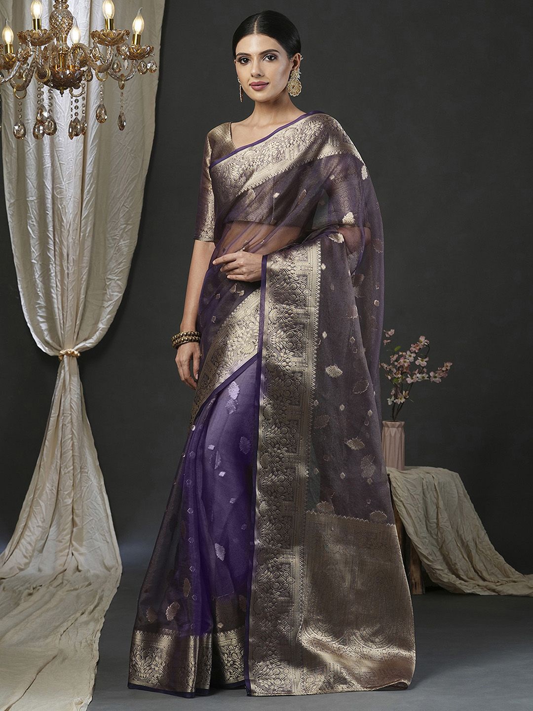 

Mitera Ethnic Motifs Zari Organza Banarasi Saree, Purple