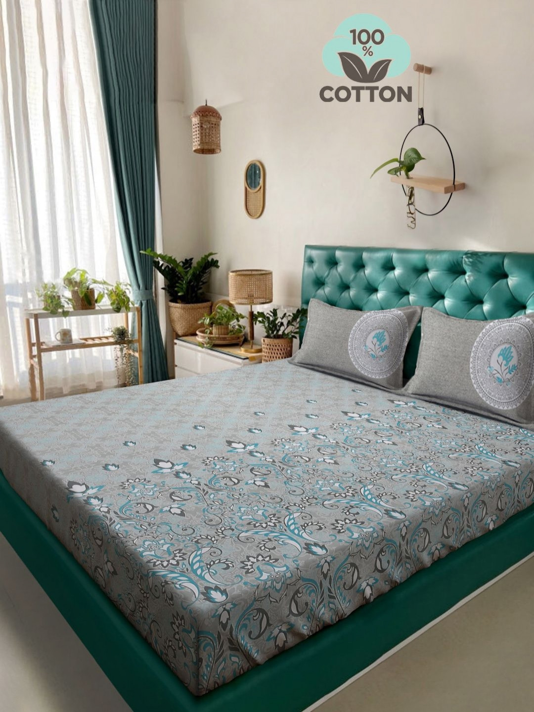 

Myntra Elegant Homes Grey Printed Pure Cotton 400 TC King Bedsheet Set 2.7 m X 2.7 m