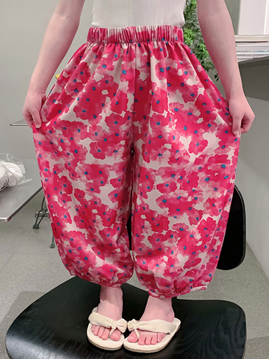 

LULU & SKY Girls Floral Printed Loose Fit Trousers, Pink