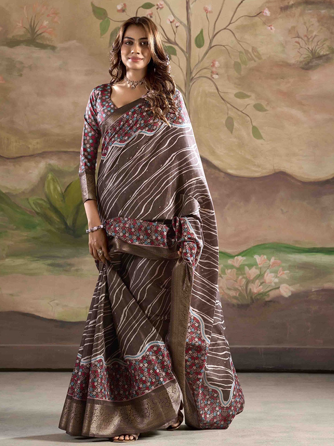 

KALINI Floral Zari Silk Blend Saree, Coffee brown