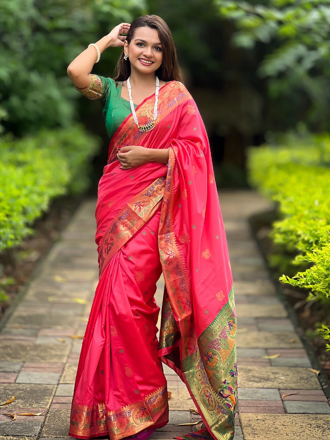

Divyadham Textiles Woven Design Zari Pure Silk Paithani Saree, Coral