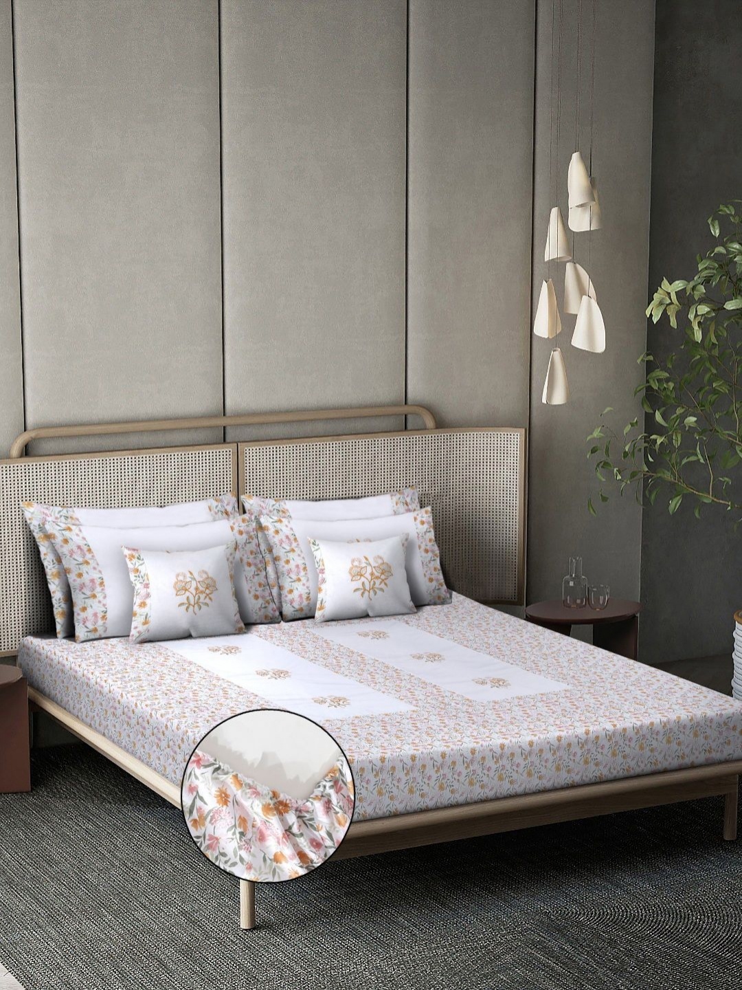 

Myntra Elegant Homes White & Pink Floral 400 TC Cotton King Bedsheet Set 2.70m x 2.70m